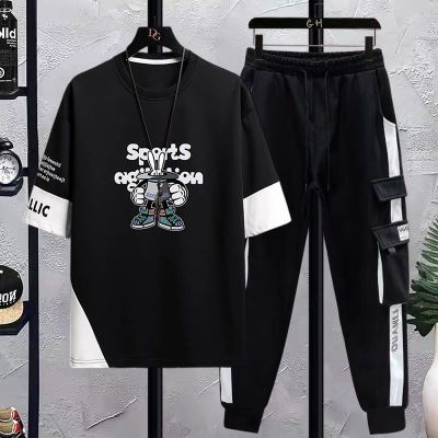 【Ready】🌈 Short-sed T- suit mens 23 summer new juor high sool students sports and leisure two-piece mens suit