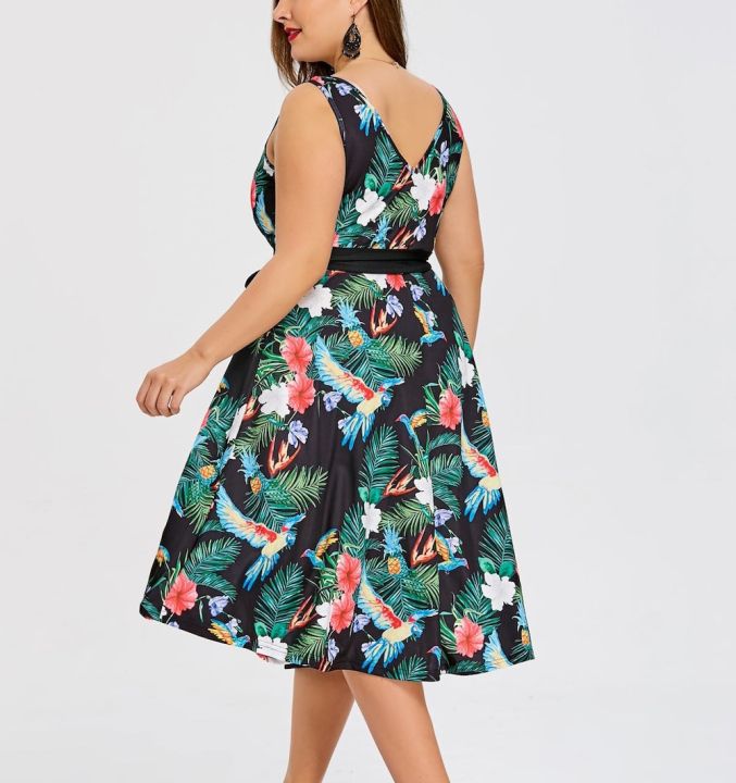 cod-and-summer-printed-plus-size-european-foreign-trade-womens-sleeveless-temperament-dress-with-belt