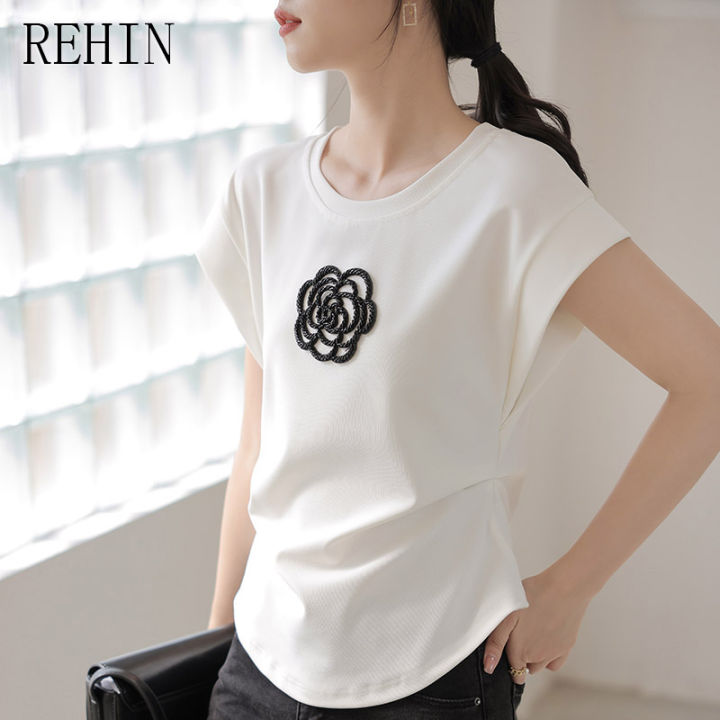 rehin-เสื้อยืดลายดอกคาเมลเลียสำหรับผู้หญิง-เสื้อแขนเสื้อแบบมีปีกสไตล์ใหม่2023รัดเอวลดขนาด