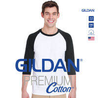 GILDAN® เสื้อยืดไหล่สโลป แขนสามส่วน - ตัวขาว แขนดำ