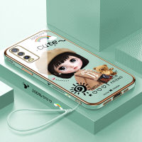 (คลังสินค้าพร้อม) เคสเคสมือถือสำหรับ Vivo Y20 /Y20 2021/Y20i/Y20S กรัม/Y20S พร้อมฟรีสายคล้อง + การ์ตูนสาวน่ารักขอบสี่เหลี่ยมชุบฝาหลังนิ่ม