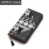 Annmouler Dompet Wanita Kualitas Tinggi Kanvas Berongga Out Tempat Kartu Renda Bunga Tempat Kartu Gajah Cetak Rumbai Tas Clutch