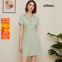 COD DSTGRTYTRUYUY Lovito Preppy Plaid Collar Shirt Summer Fitted A-Line Dress For Women L19D052 (Green/Grey Pink)