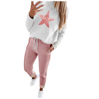 Womens Pink Star 2PCS Suit Ladies Casual O Neck Long Sleeve Pullover Trousers Suit Two-piece Printing Clothes Set Ropa Mujer