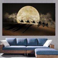 Desert Moon Night Scene ภาพวาดผ้าใบ Wall Decor โปสเตอร์ Camel In The Desert Art ภาพ Landscape