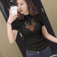 Little Daisy Letter Printing Half High Neck Tight Short Sleeve T-Shirt Womens Simple Pure Cotton Net Red Hyun-a Kim Wind Backing T-Shirt