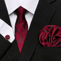 Men`s Tie Red Plaid print Jacquard Woven Tie + Hanky + Cufflinks Sets For Formal Wedding Business Party