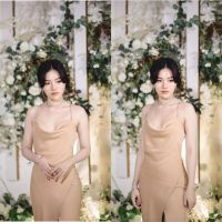 Ey_official#501#พร้อมส่งเดรสยาวคอถ่วง สายเพชร? ทรงผ่าหน้าเว้าหลังสวยหรูมีหลายสี