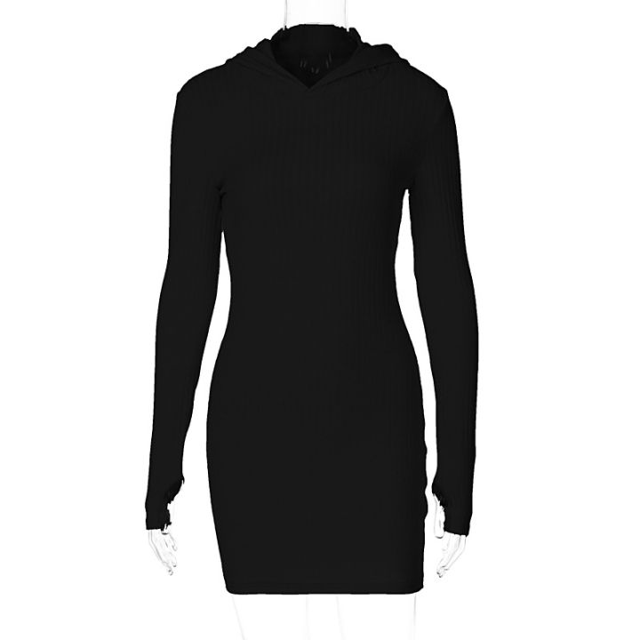 2021Knitted Ribbed Bodycon Womens Dress Hooded Long Sleeve White Mini Female Dresses 2021 Autumn Winter Casual Elegant Ladies Robe