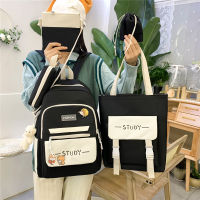 4 Pcs Set Harajuku Canvas Women Kawaii Backpack School Bags for Teenage Girls Laptop Backpacks Kids Bookbag Rucksack Totes Purse