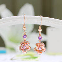 LenYa Jewelry ต่างหูดอกไม้ ตัวเรือนเงินแท้ 925 ชุบทองพิ้งค์โกลด์ ประดับด้วย อเมทีสต์ (Amethyst) และ แซฟไฟร์สีชุมพู(Pink Sapphire) ต่างหูตุ้งติ้ง สาวหวานใส่แล้วดูฟรุ้งฟริ้ง