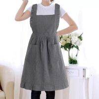 ✶☬✴ Kitchen Apron Dinner Apron for Florists Shop Soft Texture Double Pocket Design Breathable Striped Shirring Oil-proof A-line Adj