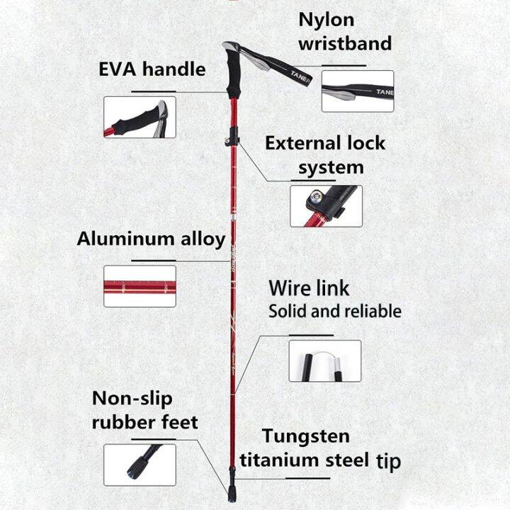 ไม้เท้าเดินป่าปีนเขากลางแจ้งปีนเขาปีนเขาไม้เท้าหิมะแบบป้องกันการกระแทกพับได้อเนกประสงค์น้ำหนักเบา