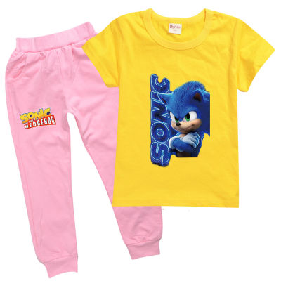 Sonic The Hedgehog หญิงเสื้อยืดกางเกงชุดแขนสั้น Tees + กางเกงผ้าฝ้าย2ชิ้นชุดหลวมการ์ตูนฤดูร้อนเด็ก Tracksuit 8542