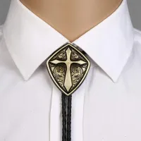 Romen Shield Cross Pattrn Bolo Tie สำหรับ Man อินเดียคาวบอย Western Cowgirl หนังเชือกสังกะสีโลหะผสมเนคไท