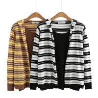 【มีไซส์ใหญ่】Plus Size XL-4XL Womens False Two Pieces Spring Autumn Sweaters Long Sleeved Striped Hooded Female Outerwear Vintage Fashion Pullovers