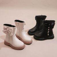 รองเท้าหนังพื้นหนาสวมใส่สบายสำหรับเด็กรองเท้ายิมนาสติก Sepatu Boots Anak Perempuan แฟชั่นผูกโบว์รองเท้าบูทหน้าฝนหนัง