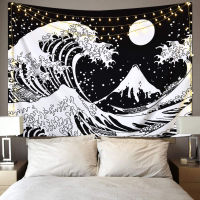 Large-size 90x70 Inch Japanese Ocean Wave Tapestry Kanagawa Great Wave Tapestry With Moon Tapestries Black And White Tapestry