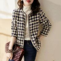 ร้อน, ร้อน★Spring and Autumn Thin Black and White Pattern Cardigan Tweed Casual Jacket Double Pocket V-neck Jacket