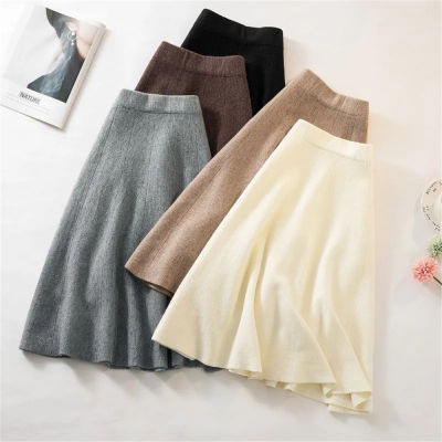 Autumn Knitted Pleated Skirt WomenS Midi Elastic High Waist A-Line Sweater Skirt Female  Winter Black Wool Long Mom Skirt