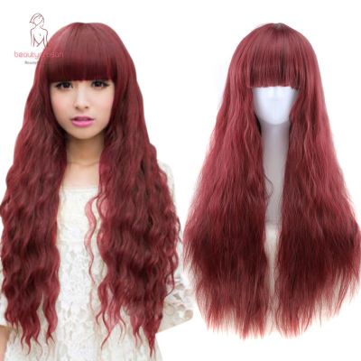 g2ydl2o 75cm Fluffy Long Curly Wavy Wig Neat Bangs Synthetic Hair Cosplay Full Wigs for Women Girl Gift