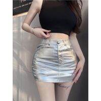 [ส่งของ]Yuexun Immediate delivery, PU leather skirt, super short, A-line fit, sexy, summer fashion, r style, girl.