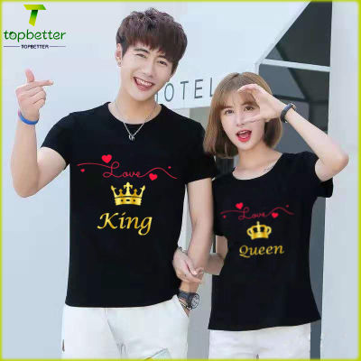 King And Queen Crown คู่ T เสื้อของขวัญวันวาเลนไทน์แฟชั่นการ์ตูนแฟนแฟนฤดูร้อนสวมใส่เกาหลีสีแดงแขนสั้นเสื้อยืด Slim Top(S-3XL)