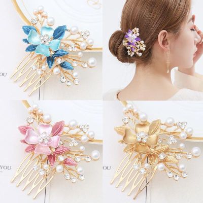 New Five-tooth Metal Hair Comb Korean Ladies Baking Lacquer Flower Insert Comb Four Colors Hair Accessories