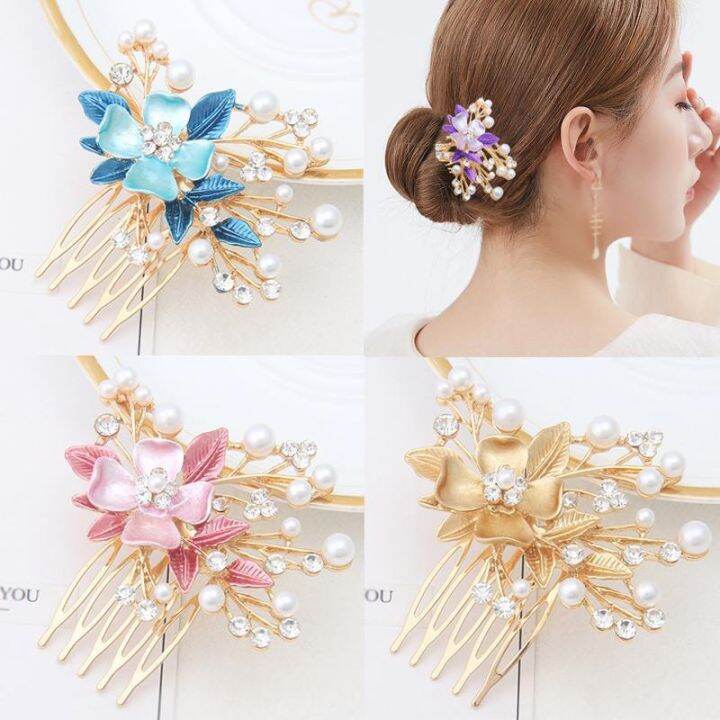 new-five-tooth-metal-hair-comb-korean-ladies-baking-lacquer-flower-insert-comb-four-colors-hair-accessories