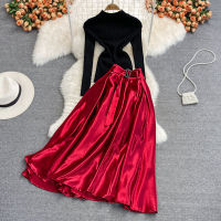 Autumn Winter Vintage Women Party Two Piece Set Black Knitted Tops + High Waist Satin Skirt Suits Female New Fashion 2022