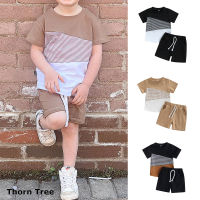 Thorn Tree กางเกงเด็กผู้ชาย2ชิ้นเสื้อยืดลูกเรือปะต่อชุดแขนสั้น + ชุดเสื้อผ้าลำลองกางเกงขาสั้นสายรัดสีขาว0-7Y