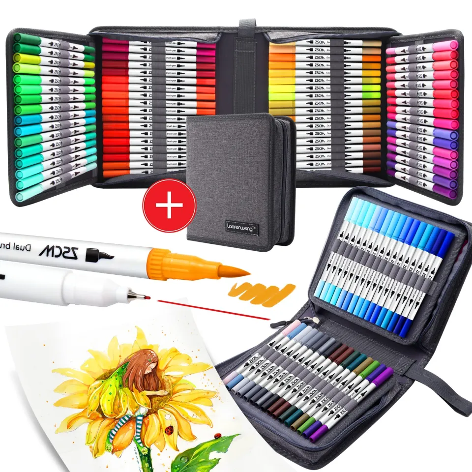 120 Colors Duo Tip Art Markers,Lanrenweng Fine Brush Tip Colored