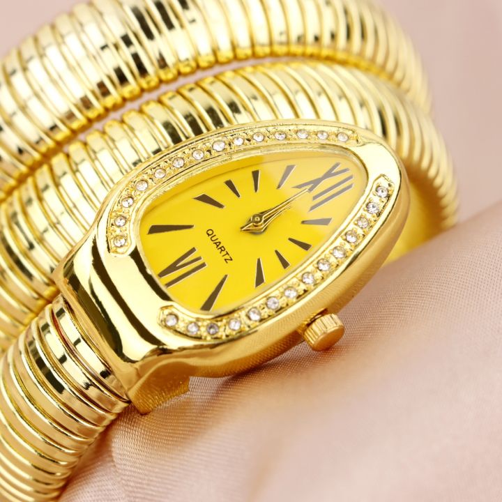 นาฬิกาผู้หญิงหรูหราทรงงูนาฬิกาข้อมือข้อมือเหล็กสีทองไม่ซ้ำใครนาฬิกานาฬิกาข้อมือผู้หญิงควอตซ์-relogio-feminino