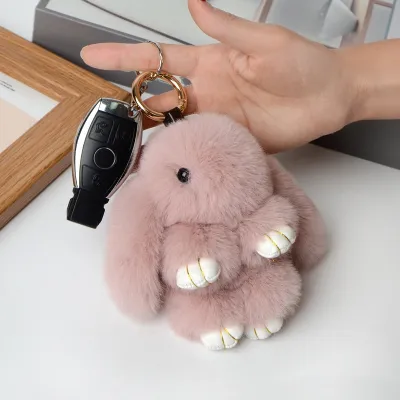 Rabbit Keychain Ring Fluffy Real Fur Pompon Bunny Trinket Key Chain Charm Cute Key Ring On Bag Car Key Pendant Lapin
