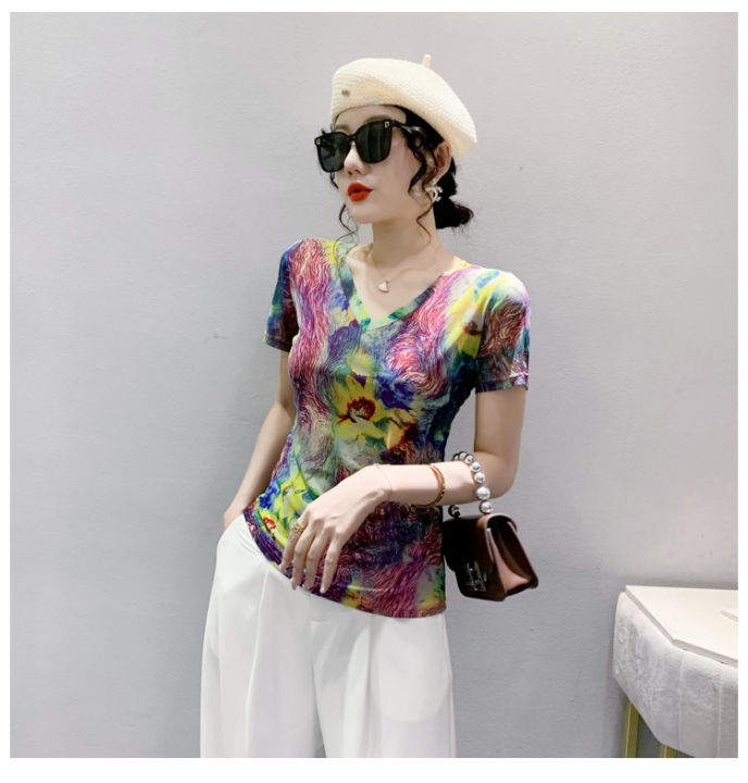 เสื้อเชิ้ตผู้หญิงคอวีเข้ารูปแขนสั้นพิมพ์ลายฤดูร้อนแฟชั่นตาข่าย-s-3xl-เสื้อยอดนิยมเข้ารูปลายดอกไม้