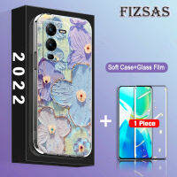 เคสซิลิโคนสำหรับ VIVO V25 V27 X70 X80 X90 X60 X50 Pro 5G เคสโทรศัพท์ + 【ฟิล์มกระจกนิรภัย】ภาพสีน้ำมันพลอยเทียมสีฟ้าเปลือกดอกไม้สีม่วงบางพิเศษ TPU นุ่มฝาปิดด้านหลังเลนส์แฟชั่นรวมทุกอย่าง