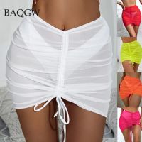 [A alamode]เซ็กซี่เชียร์ซีทรูกระโปรงสำหรับผู้หญิงขายร้อน Beachwear Bodycon Drawstring Ruched เอวสูง