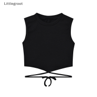 Littlegroot [2023 new HOT FASHION] เสื้อกล้ามผู้หญิงแขนกุดคอกลมสีทึบเสื้อกล้ามสายไขว้เซ็กซี่ฤดูร้อน