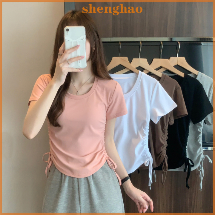 shenghao-เสื้อยืดคอกลมแขนสั้นสำหรับผู้หญิงเสื้อยืดเชือกผูกเชือกสีพื้นแฟชั่นฤดูร้อน