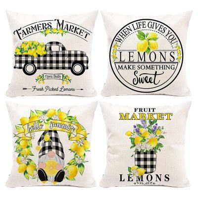 Lemon Farmhouse Summer Pillow Covers 18x18 Set of 4,Farmhouse Pillows for Sofa, Outdoor Porch Lemon Home Decor