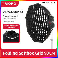 TRIOPO ซอฟต์บ๊อกซ์แปดเหลี่ยมพับได้ขนาด90ซม. KX90,พร้อมด้ามจับสำหรับ Godox V1 AD200Pro Yongnuo หัวไฟกลมอุปกรณ์เสริมสำหรับสตูดิโอถ่ายภาพ