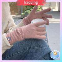 LIAOYING หนาอบอุ่น ถุงมือหน้าจอสัมผัส สัมผัสสองนิ้ว ถักนิตติ้ง ถุงมือกันหนาว แฟชั่นสำหรับผู้หญิง อีลาสติก ถุงมือข้อมือยาว สำหรับผู้หญิง