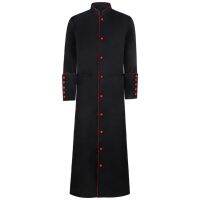 Pastor Robe Church Men Black Clergy Cassock Red Brim Long Gown Priest Costume