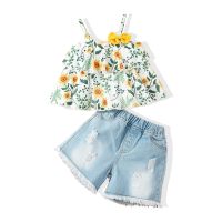 Kid Infant Baby Girl Clothes Suit, Sleeveless Round Neck Floral Vest Sling Shirt + Ripped Denim Short Pants 3-24M  by Hs2023