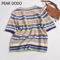 PEAR DODO เสื้อถักสำหรับผู้หญิงหลากสีคอกลมสไตล์เกาหลี