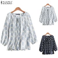 COD dhdfxcz ZANZEA Woman Casual Loose 3/4 Sleeve Round Neck Lace-Up Printing Cotton Blouse