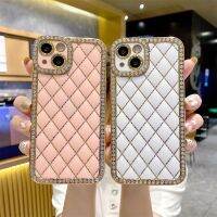 Lambskin เคสโทรศัพท์ชุบโลหะด้วยไฟฟ้าพลอยเทียมสำหรับ iPhone 14 13 Pro Max 11 12 13เคสนิ่มรูปทรงเรขาคณิตสำหรับกล้อง