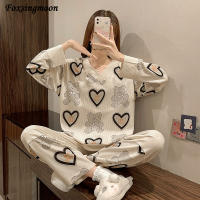 Womens Pajamas New Autumn Long Sleeve Sleepwear Set lovely Print Pyjama Women Home Nightwear Hedging Plus Size