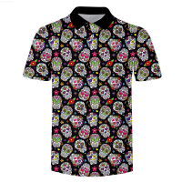 TH-POLO1-0||Summer High Quality Men Polo Shirts High Street Print Casual Short Sleeve Mens Shirts Turn-Down Collar Flower Skull Polo ShirtNew product{trading up}