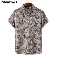 【คุณภาพสูง】incerun เสื้อเชิ้ต ผ้าฝ้าย แขนสั้น พิมพ์ลายดอกไม้ สำหรับผู้ชาย